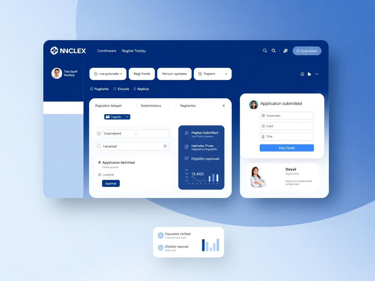NCLEX Portal registration dashboard with progress tracker and forms